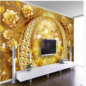 Zelta tapetes gulbju ezers rotaslietas, ziedu augstas klases fona sienas mūsdienu tapetes dzīvojamā istabā