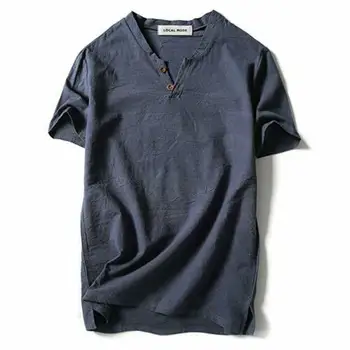 ASV Vīriešu Linu Veļa T-Krekls Gadījuma V-veida Kakla Pogu uz Leju, T-Kreklus, Slim Fit Kokvilnas Veļa ar Īsām Piedurknēm Pamata Augšu