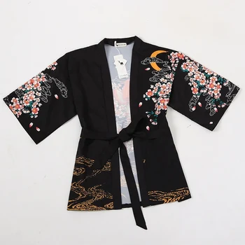 Tradicionālo Zivju Drukāt Sieviešu Kimono Jaka Japāņu Haori Sieviešu Femme Blūze Yukata Vasaras Sexy Beach Streetwear Augšu