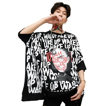 2018 Jaunā vīriešu apģērbu, Matu Stilists DJ Modes Hip hop Sikspārņi piedurknēm Burtu drukāšanas lielajam Brīvs T-krekls, t-veida dziedātāja kostīmi