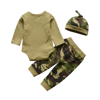 Baby Zēni Apģērbu Komplekts Jaundzimušo garām Piedurknēm Vēstuli Bodysuit Topi Gadījuma Kamuflāžas Bikses, Cepure, Zīdaiņu Toddler 3Pcs Apģērbu Jaunas