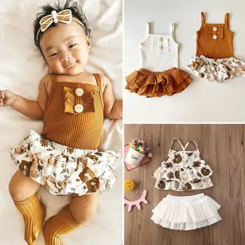 Infant Baby Girl Apģērbu Komplekts bez Piedurknēm Cilpas Ziedu Topi Romper+Tutu Šorti/Svārki 2gab Apģērbs Vasaras Gadījuma Bērnu Sunsuit 0-24M
