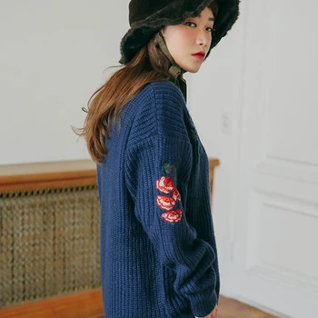 Retro ziedu drukāt izšuvumi visu maču džemperis termperament vieglas trikotāžas svītrainu džemperi modes šiks streetwear ziemas jaunas