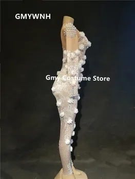 K19 White flower pole deju tērpi posmā nēsā bodysuit dj sieviešu jumpsuit seksīgs apģērbs catwalk balles balles kleitas klubu apģērbs