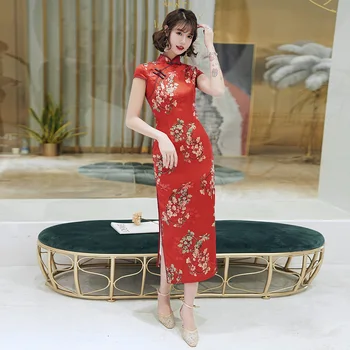 Ķīniešu Kleitas Cheongsam Klasiskā Sarkanā Pavasara Zieds, Rudens, Mēness, Gara Kleita Sexy Sadalīt Tang Tērpu Lady Banketa Qipao