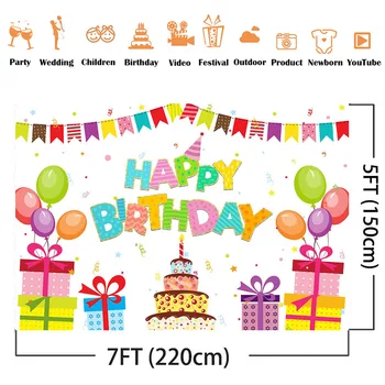 Happy birthday fons, kūkas, dāvanas, baloni dzimšanas dienas svinības apdare piederumi karoga salds bērnu dzimšanas dienu fona