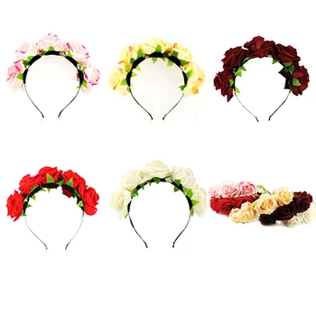 Modes Sievietes Līgava Puķēm Galvas Bohēmijas Stila Rožu Ziedu Vainagu Hairband Dāmas Elastīgs Beach Matu Aksesuāri