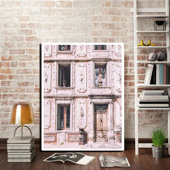 Parīzes Klasisko Arhitektūru, Drukāt Rozā Durvju Foto Blush Pink House Franču Ēkas Kanvas Glezna Ceļojumu Foto Plakātu Sienas Dekori