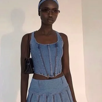 Sieviešu Džinsa Tvertnes Augšpusē U Kakla Bez Piedurknēm, Rāvējslēdzēja Dekoru Gadījuma Pamata Īss Veste Crop Topi Vintage Modes Streetwear Drēbes 2020