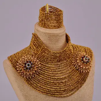 Modē zelta pārklājumu kristāla pērlītēm 25 slāņi sānslīdi kaklasaite kaklarota āfrikas krelles nigērijas kāzu rotaslietas komplekts