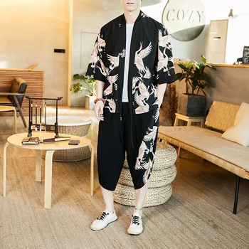 Melnās Dzērves Vīriešu Kimono Jaka Uzvalks Ķīniešu Stilā Tang Uzstādīt Hanfu Vintage Japāņu Samuraju Apģērbu Gadījuma Zaudēt Yukata Drēbes