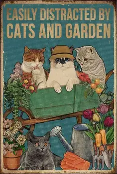 Viegli Apjucis ar Kaķiem un Dārza Retro Metāla Skārda Zīme Vintage Skārda Zīme Mājas Kafijas Dārza Sienas Dekori
