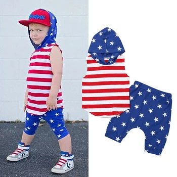 Neatkarības Diena Bērnu Apģērbu Eiropas un Amerikas Zēnu, Svītrainas Zvaigzne Vestes Kapuci T-krekls, Šorti divdaļīga Bērnu Komplekts