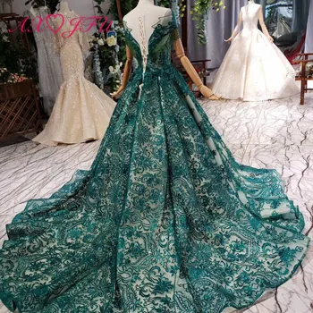 AXJFU Luksusa princese zaļo mežģīņu ziedu asti līgava kleita vintage o kakla frēzēšana kristāla modes zaļā līgava kāzu kleitu 799