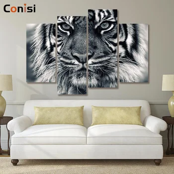 Conisi 4 Paneļi Izdrukas Mežonība Tiger Sienas Mākslas Audekls Gleznošanai Karalis Džungļu Tīģeris Plakātu, Mājas Dekoru Black&White Tiger Attēlu