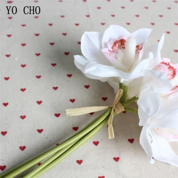 YO CHO Viltus Orhideju Ziedu DIY Līgavas Pušķi, Kāzu Ziedu 6 Galvas Orhideju Pušķi, Ziedu kompozīcijas, Zaļās Mājas Puse Dekori