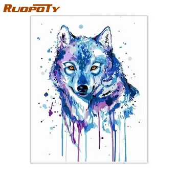 RUOPOTY Blue Wolf krāsas pēc skaita komplekti dzīvniekiem diy audekls, eļļas glezna, ko numuru ar koka rāmi guļamistaba