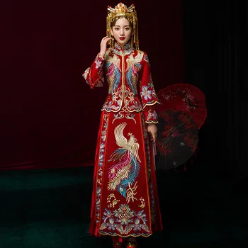 FZSLCYIYI Vīna Sarkana Ķīniešu Līgava Kāzu Kleitu Izsmalcinātu Phoenix Izšuvumi Cheongsam Eleganta Laulību Qipao Uzvalks Vakara Tērpi