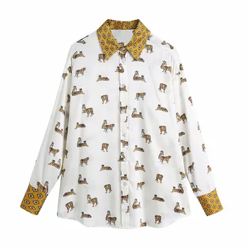 ZA Sieviešu Dzīvnieku Print Retro Krekls Ir 2021. garām Piedurknēm Zaudēt Nelegālo Top Sieviešu Modes Priekšējā Pogu Uzstādīti Balti Krekli
