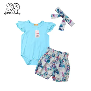 Baby Meitenes 3PCS Apģērbu Komplekts Jaundzimušajiem Meitene tīrtoņa Krāsu Ruffles Piedurknēm Bodysuit Šorti Galvas Vasaras Apģērbs no 0-24M