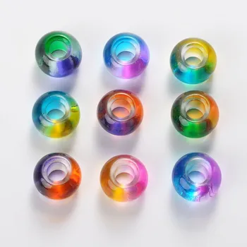 100gab Jauktu Krāsu Smidzināšanas Krāsots Stikls Divu Toņu Lielu Caurumu Pērles, lai rotaslietu izgatavošana, Rondelle,15x10mm, Caurumu: 5.5~6mm F70