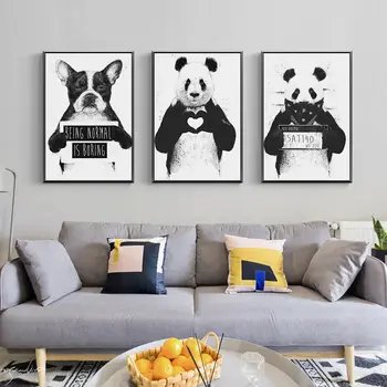 Melna Balta Funny Dzīvnieki, Plakātu Ziemeļvalstu Karikatūra Audekla Apgleznošana Sienu Mākslas Gudrs Panda Bostonas Terjers Bildes Mūsdienu Mājas Dekoru