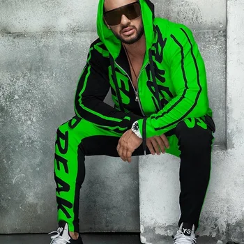 2020. gada rudenī Vīriešu sporta tērps 2pieces kapuci Gadījuma burtu krāsu saskaņošanas personalizētu hip hop rāvējslēdzēju jaka vīriešu sporta kostīms
