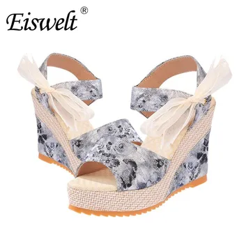 Eiswelt 35-40 Modes Vasaras Ķīļi Sieviešu Sandales Platformas Mežģīnes, Jostas, Loku Flip Flops Atvērtu Purngalu augstpapēžu Sieviešu Kurpes#EDZW16