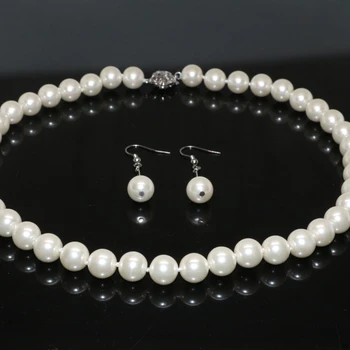 Vairumtirdzniecības cena Bohemia stila 10mm krējuma baltā kārta imitētu-pērļu čaulas beadsd, kaklarota, auskari rotu komplekts 18inch B2335