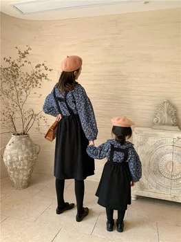 Korejiešu stilā ziemā, ziedu lelle apkakles long piedurknēm blousers un strapless kleita meitenēm un sievietēm mātes-bērnu apģērbs