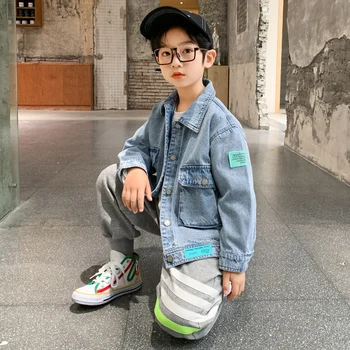 Bērnu apģērbu zēnu Džinsa jaka 4-15 gadus vecu personības dizaina mētelis, korejiešu Modes gadījuma bērnu vējjaka