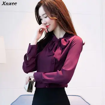 2020 jaunu priekšgala kakla sieviešu apģērbs pavasara garām piedurknēm šifona sieviešu blūze, krekls ciets purpura oficiālu sieviešu topi blusas Xnxee
