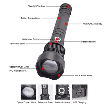P70 P50 Spēcīgu LED Zibspuldzi, USB Uzlādējams LED Lukturītis Lampa ar 18650 26650 Akumulatora Taktisko Lukturi Led Niršanas Lampas