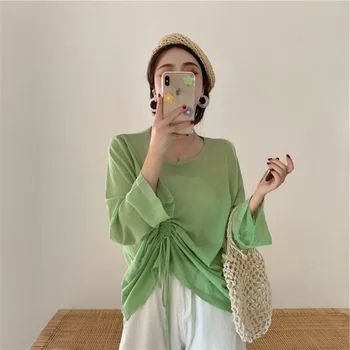 Zaraing stila korejiešu šiks vienkāršu, vienkrāsainu sauļošanās krekls aukliņu dizaina garām piedurknēm, sieviešu top sieviešu modes 2020
