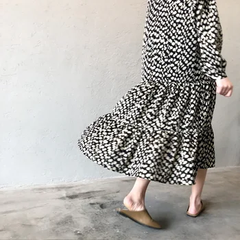 Modes Sievietes Drukāt Midi Kleita Ar Garām Piedurknēm Dāmas Vintage Šifona Kleita Augstas Kvalitātes