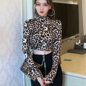Highstreet Biroja Dāma, Augsta Kakla Leopards Drukāt Aprīkots Džemperi ar garām Piedurknēm Tee 2019 Rudens Gadījuma Sieviešu T-krekls Top Q337