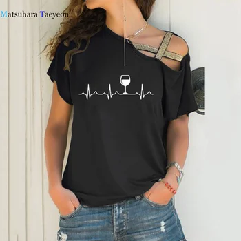 Elektrokardiogrammas Sieviešu T Smieklīgi Stikla Print T-krekls Sievietēm Kokvilnas T Krekls Sievietēm Sexy Slīpu Plecu Tops Sievietēm 2020 Jaunas