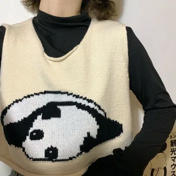 Džemperis Veste Sievietēm Panda Karikatūra V-veida kakla Piedurknēm Salds Kawaii Gudrs Studentiem Trikotāžas Tīņi Atpūtas Virsdrēbes Rudenim Topi, korejiešu
