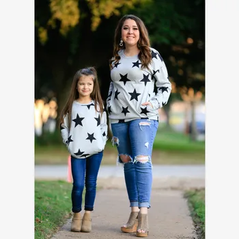 Ģimenes Saskaņošanas Fall Rudens Zvaigznes Džemperi Tērpiem Māmiņa un Man Mazulis Meiteņu Krekls Bērnu Drēbes ar garām Piedurknēm Top Māte Meitu