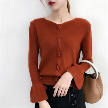 2019 Jaunā sieviešu pavasara rudens džemperis sieviešu taures piedurknēm loose knit top īss džemperis ar V-veida kakla džemperis dāmas džemperi K0995