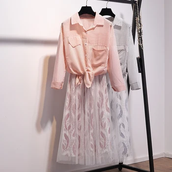 2019. gada vasaras svītru kabatas krekls marli modē svārki jaunu divu gabals apģērbu komplekts sievietēm-gari svārki vestidos tērpi vestidos top set