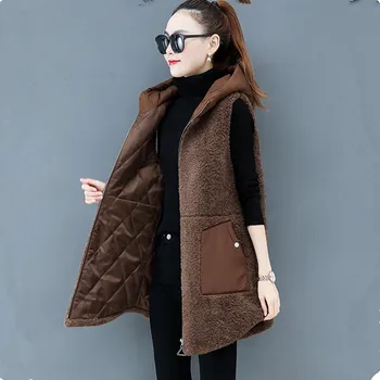 UHYTGF Apakškrekli sieviešu lambswool siltu ziemā vest veste sieviešu tīrtoņa krāsu savvaļas bez Piedurknēm, kapuci plus lieluma vestes jakas 610