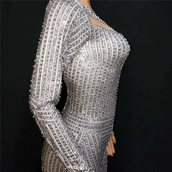 S15 Dziedātāja pilna dimantu vakarā gara kleita rhinestone viens gabals svārki stiept sieviešu kristāla apģērbs bārs valkāt kleita ar garām piedurknēm
