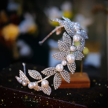 NiuShuya Princese Līgavas Hairband Sudraba Krāsā Lapu Pērļu Kāzu Headpiece Roku Darbs Sievietes Puses Balli Galvas Matu Jewelries