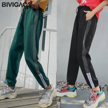 BIVIGAOS Rudens Jauns korejiešu Modes Sieviešu Baltā Svītrainām Harēma Bikses Gadījuma Vaļīgas Bikses Ielas Stila Aukliņu Treniņbikses Sievietēm