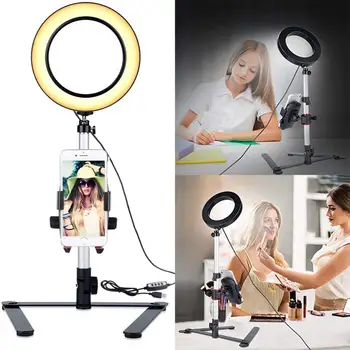 2 in 1 Tālrunis Statīva Stends ar Aptumšojami LED Ring Light 360 Grādu Elastīgu Darbvirsmas Metāla grupu Statīvu Selfie Dzīvot Parādīt UM