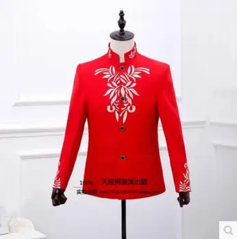 KARSTĀ Jauns (uzvalks+bikses) vīriešu apģērbu izšūšana Ķīnas tunika uzvalks komplekts vīriešu kārtas dziedātājs uzņēmēja skatuves tērpiem Formālu Kleita S-XXL