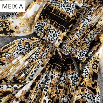 MEIXIA pavasarī un vasarā sieviešu leopards drukāt kroku kleita garām piedurknēm šifona kreklu, kleitu Mežģīnes zaudēt modes kleita lielu