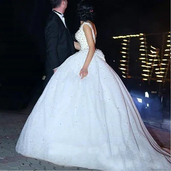 Luxury Princess Kāzu Kleitas Balts Ziloņkaula Tilla Kāzu Kleitas 2019 ar Pērlēm Līgavas Kleita Laulības Klientu Izgatavots Izmēra