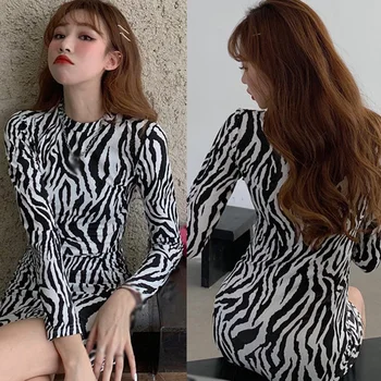 Kleita Sieviešu Rudens Sākumā Jaunu Stilu Rietumu Girly Personības Zebra Modelis garām piedurknēm Īsi Svārki Karstā Pārdošanas